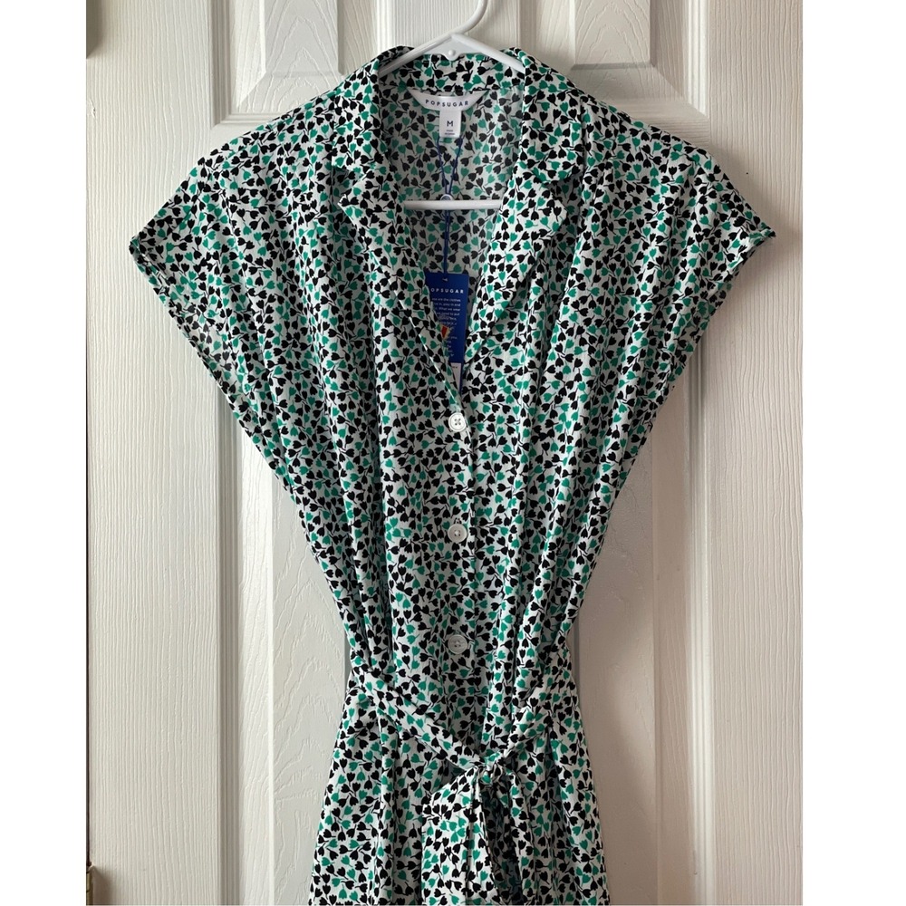 PopSugar Green Black Tulip Floral Shirt Dress Button Front Belted Pockets‎ M NEW - Picture 2 of 16
